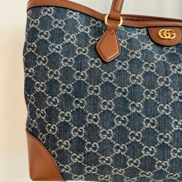 Gucci Ophidia GG Jacquard Denim Blue Brown Tote Bag Italy Leather Handbag New - Picture 6 of 15